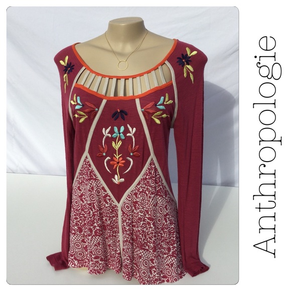Anthropologie Tops - Anthropologie Magenta w/ Embroidered Floral Design